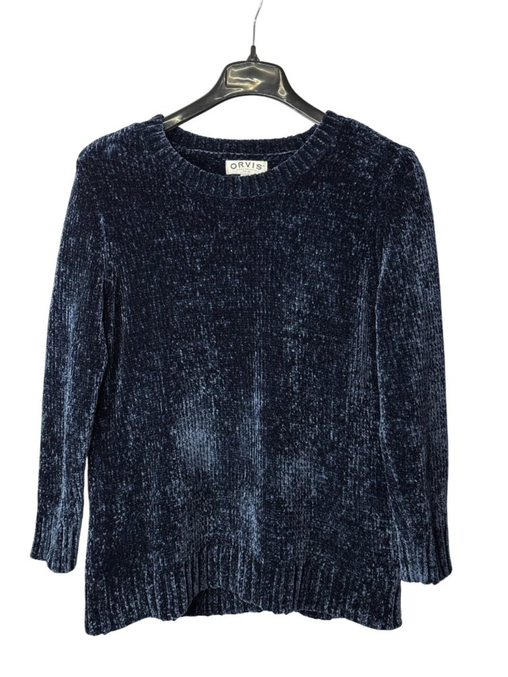 Orvis Womens Sweater Size L Chenille Knit Crew Neck Pullover Navy Blue